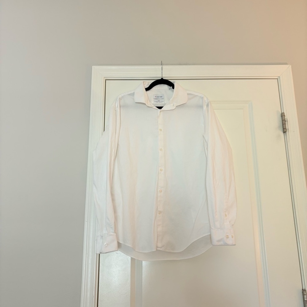 Calvin Klein Men’s White Refined Cotton Stretch Slim Fit Dress Shirt - Picture 4 of 14
